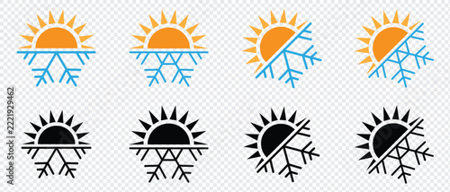 season icon. Signs all season long. Sun and snowflake together icon.   Winter, summer and all weather.  vector design template