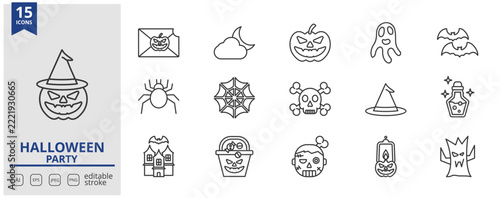 Halloween party  line icon set. Halloween latern , dark night , Pumkin, ghost, bat, spider, spider web, skull, witch hat. Editable stroke