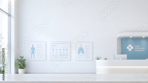 White Marble Countertop Product Display Mockup with Blurred Modern Hospital Clinic Reception Area Background