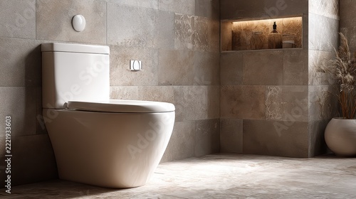 Modern White Toilet Bowl in Luxury Stone Tile Bathroom Interior
