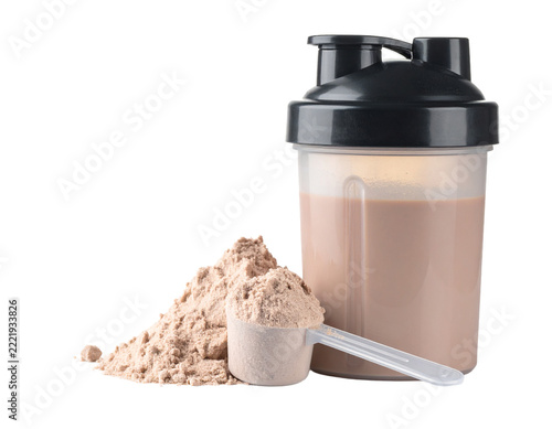 Firefly Protein powder scoops, a shaker, and a bottle, ready for preparing a protein shake.  isolated on transparent or white background