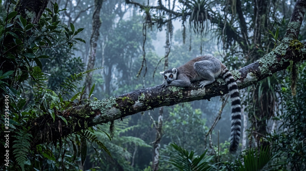 Naklejka premium Ring-Tailed Lemur Perched on Mossy Canopy Branch at Misty Blue Dawn