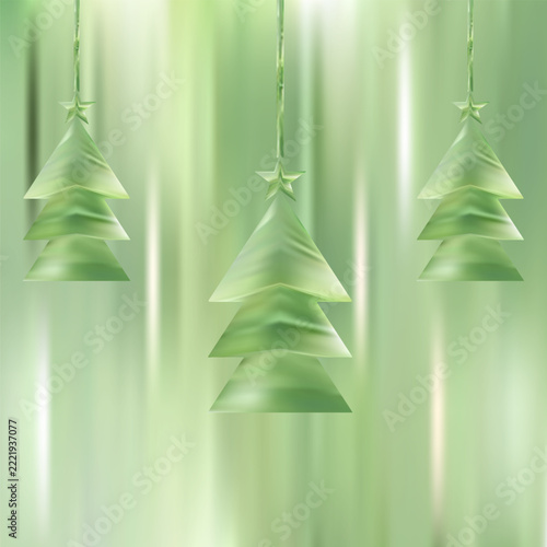 Festive geometric Christmas tree ornaments on soft green abstract background, perfect for holiday design, seasonal greeting cards, and modern Christmas themes.