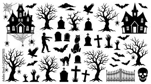 Black Silhouette Halloween Vector Illustrations Collection for Spooky Background Designs
