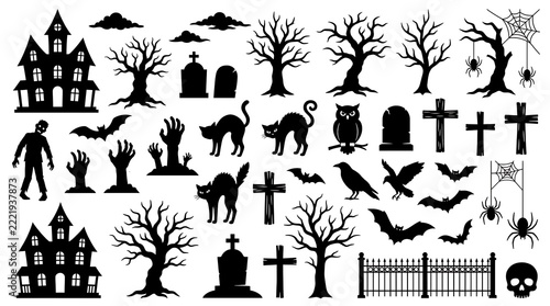 Collection of dark Halloween vector silhouettes featuring gothic architecture, withered trees, and eerie creatures