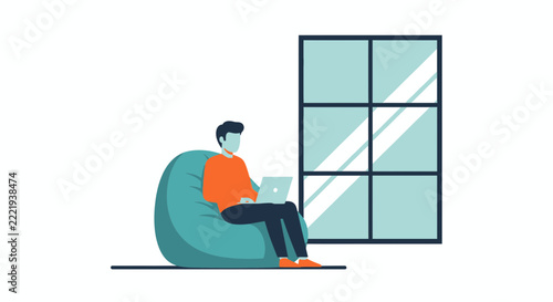 Freelancer Working on Laptop in Comfortable Beanbag Chair Vector Illustration