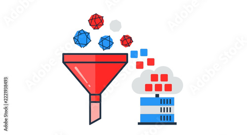 Data Processing and Big Data Filtering Concept Illustration with Funnel, Cloud, and Server Rack