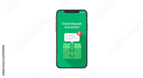 Mobile Phone Screen Showing Successful Direct Deposit Notification with Stack of Cash. Digital Banking App Interface for Payroll, Earnings, and Money Transfer on White Background.
