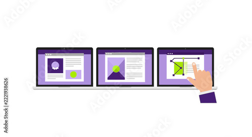 Web Design and UI/UX Development Process Concept Illustration with Laptop Screens Showing Layouts and Graphic Editing
