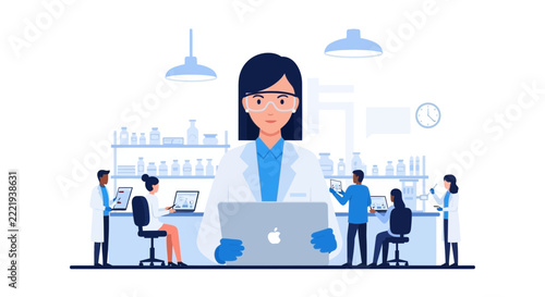 Female Scientist Using Laptop in Modern Research Laboratory with Diverse Team of Researchers Working on Medical and Biotech Innovation Flat Vector Illustration