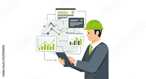 Engineer or Project Manager Analyzing Real-Time Industrial Data and Performance Metrics on a Digital Tablet, Flat Illustration of Smart Industry Technology