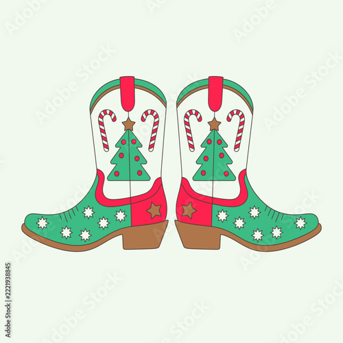 Cute Christmas Cowboy Boots with Pine Tree and Festive Star Decorations Illustration