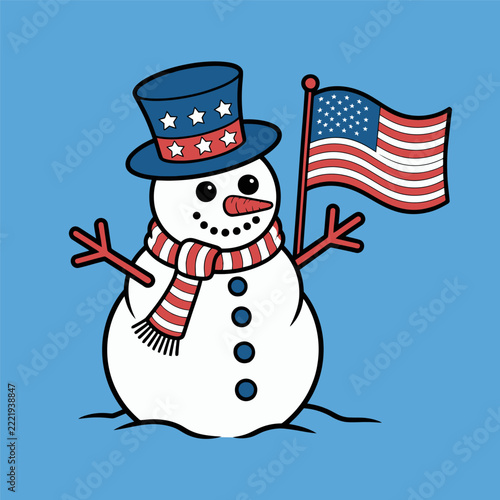 Cute Patriotic Snowman Wearing Uncle Sam Hat and Holding American Flag Illustration