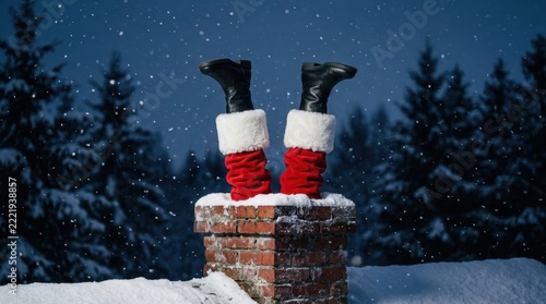 Humorous Christmas Eve visual of Santa Claus stuck headfirst in snowy red brick chimney on house roof with black boots kicking upward against frosty evergreen pine forest during snowstorm