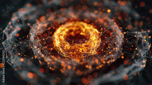 Abstract Cosmic Energy: A vibrant, abstract depiction of a glowing celestial body, pulsating with intense energy and surrounded by intricate network of particles and light.