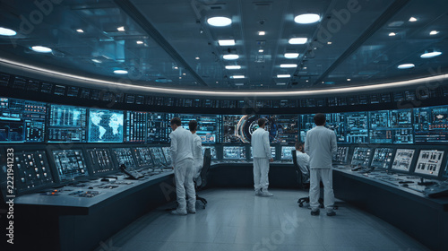 High-Tech Control Room: A modern command center buzzes with activity, featuring rows of glowing monitors displaying data and a team of professionals observing critical operations.