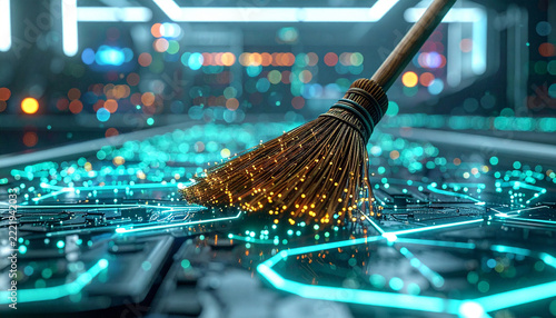 Digital Cleaning: A broom sweeps across a futuristic circuit board illuminated by vibrant blue and orange digital lights, symbolizing data cleanup and system maintenance.