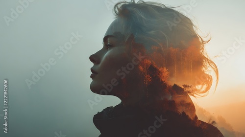 Double exposure of woman s profile and autumnal forest landscape at sunset