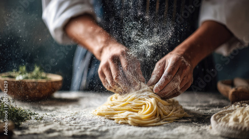 Chef Crafting Pasta: A close-up shot captures a chef's skilled hands meticulously shaping fresh pasta dough, dusted with flour, in a rustic kitchen setting.