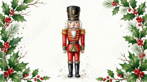Botanical watercolor Christmas illustration featuring traditional wooden nutcracker soldier in red uniform flanked by decorative holly branches, red berries, and pine on white paper