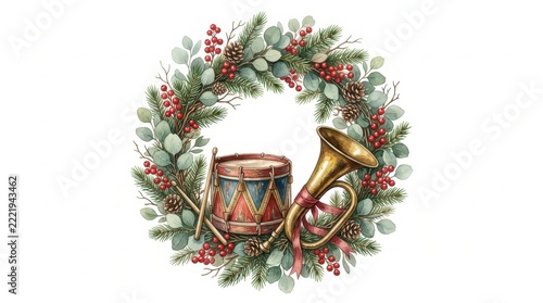 Hand-painted watercolor holiday border wreath with evergreen fir, eucalyptus leaves, red berries, vintage toy drum, and brass horn enclosing central white copy space for greeting cards