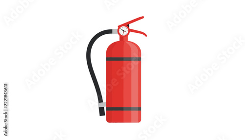 Red fire extinguisher features a pressure gauge and black hose depicted in flat graphic style.
