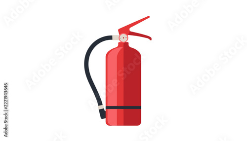 Fire extinguisher stands upright with a black hose and red canister against a plain background.
