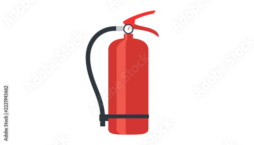 Red fire extinguisher graphic featuring a pressure gauge and a flexible black rubber discharge hose.