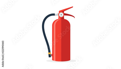 Fire extinguisher vector illustration with a bright red cylinder and a black hose standing upright.