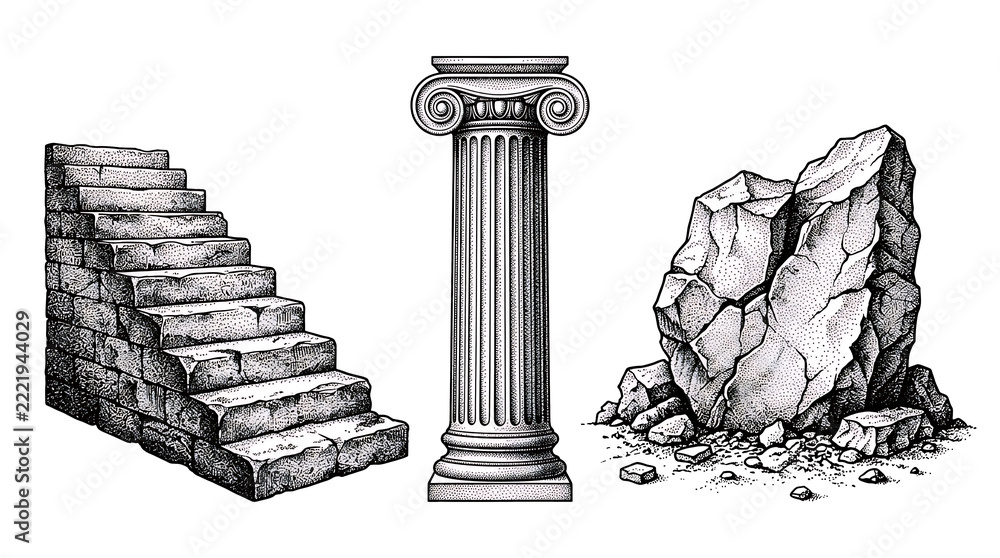 Fototapeta premium Set of architectural elements including stone stairs, a classic column, and a large rock isolated on transparent background