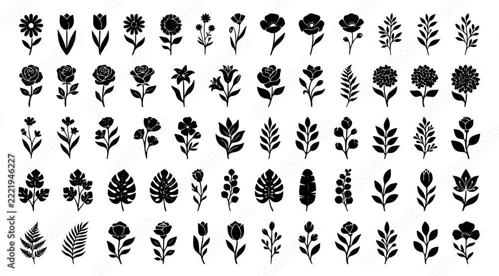 Obraz premium Floral Illustrations Set with Diverse Flower and Leaf Shapes. Botanical Design Elements