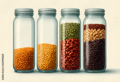 Glass Jars Filled with Various Dried Beans and Lentils