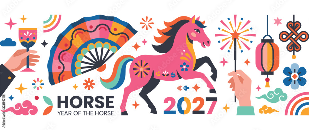 Fototapeta premium Chinese lunar new year of the horse 2027 banner with colorful folk art style illustrations.