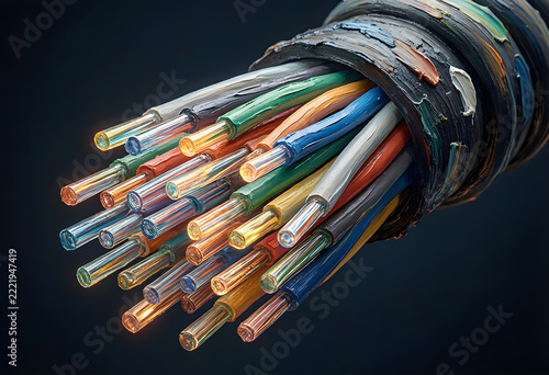 Colorful fiber optic cable bundle with glowing strands