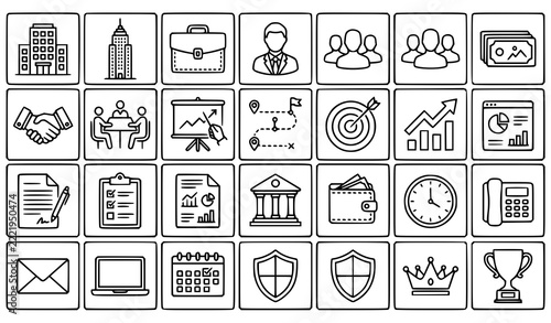 Corporate business line icon set with office building, briefcase, businessman, team, handshake, meeting, presentation, target, growth chart, bank and trophy