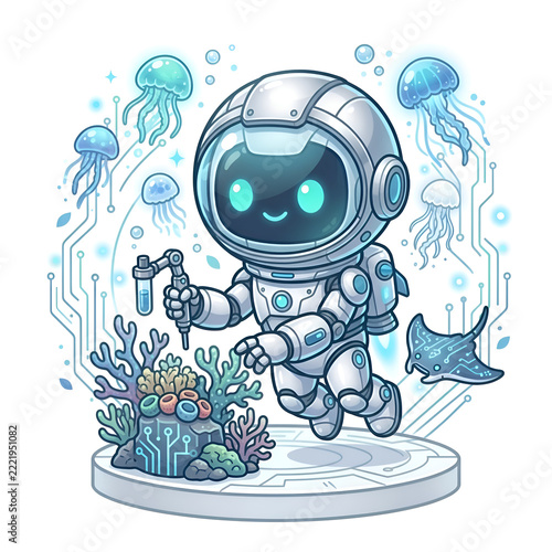 Cute cartoon robot diver in space suit collecting samples from coral reef with glowing jellyfish and manta ray, underwater marine science concept illustration on white background