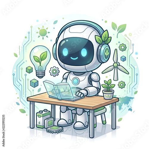 Cute cartoon robot working at desk with holographic book, light bulb plant, wind turbine and battery, green energy sustainable technology concept on white background
