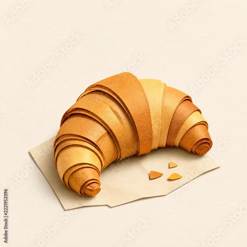 Golden croissant resting on paper sheet in paper craft style