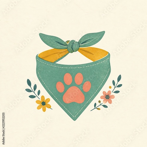 Green pet bandana with paw print and flowers in playful retro style