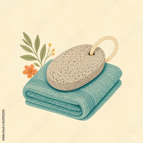 Pumice stone with cord resting on folded towel in playful retro style