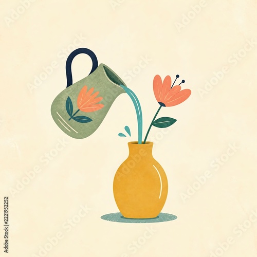 Watering can pouring toward flower in vase in playful retro style