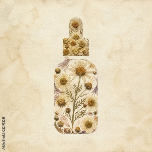Bottle silhouette filled with dried flowers in pressed botanical art