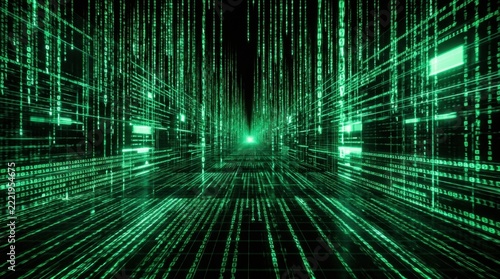 Abstract digital tunnel made of glowing green binary code streaming through a dark virtual space with forms vast digital technology