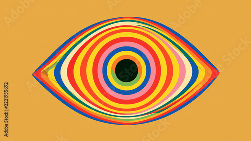 鮮烈な配色の大きな瞳を描いたポップアート　黄色と赤の光線模様
