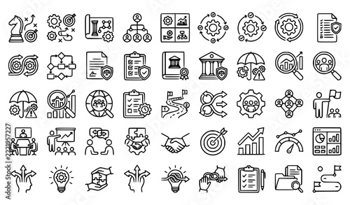 Business management line icon set with strategy, process, workflow, compliance, risk management, teamwork, roadmap, analytics, meeting, handshake and dashboard