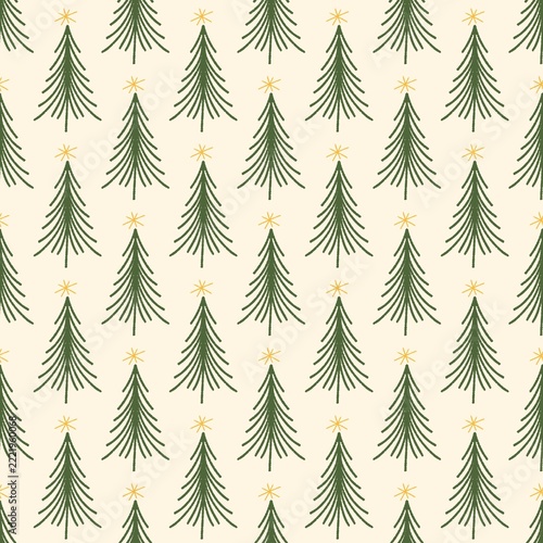Minimal Christmas Tree Seamless Pattern with Green Pine Trees on Cream Background