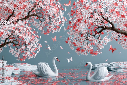 Two white swans swimming in a pond surrounded by blossoming pink cherry blossom trees