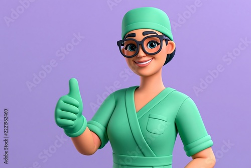 3d render illustration of smiling nurse doctor in green scrubs giving thumbs up gesture