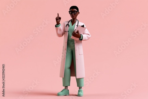 3d render of a black female doctor wearing a white coat and glasses holding a medical clipboard