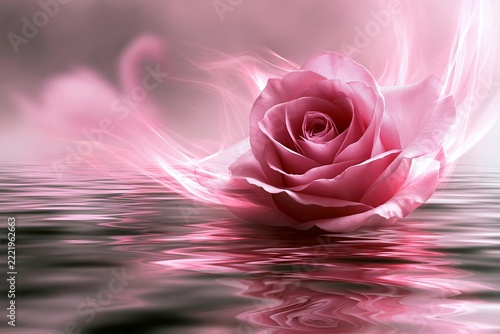 Beautiful pink rose floating on water surface surrounded by glowing ethereal light waves